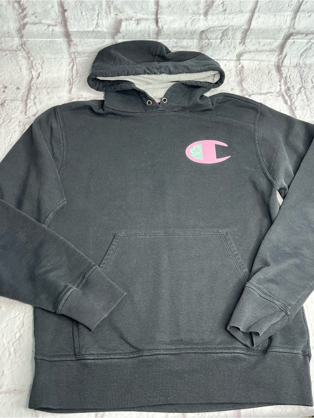 Champion Black Hoodie with Pink Logo